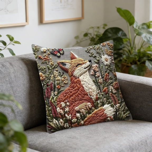 Fox Animal Throw Pillow Cover, Faux Embroidery Sofa Cushion Case with Nature Motif, Cute Wildlife Decorative Pillow for Living Room or Bedroom, Soft Plush Look Accent Pillow Cover