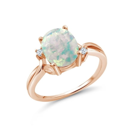 Created White Opal Stone - 1.73 Ct Oval Cabochon White Simulated Opal White Created Sapphire 18K Rose Gold Plated Silver Ring