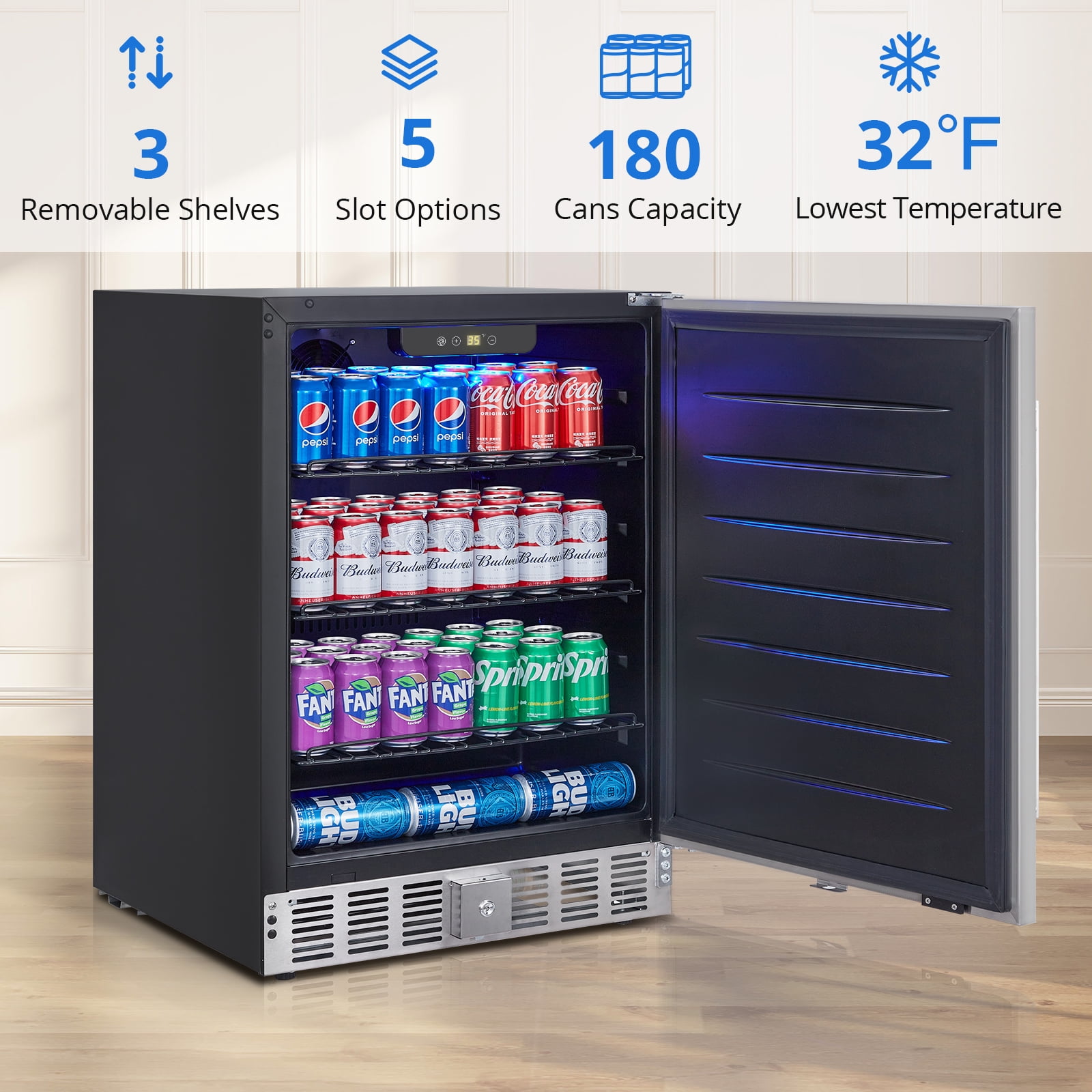 Beverage Refrigerator 15 Inch, Weather Proof Stainless Steel Beverage Fridge for Outdoor Kitchen and Patio, Indoor/Outdoor Beverage Cooler for 110 Cans, Built-in/Freestanding