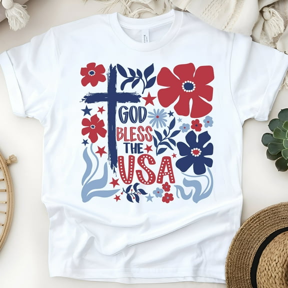 God Bless the USA T-Shirt | Christian Patriotic Floral Cross Graphic Tee, White, Size S