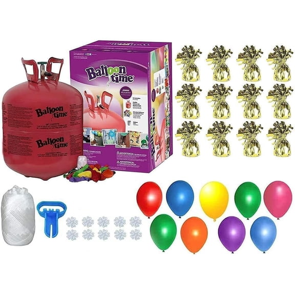 BLUE RIBBON, Helium Tank with 50 Balloons and White Ribbon 12 Gold Balloon Weights Plus Balloon Tying Tool