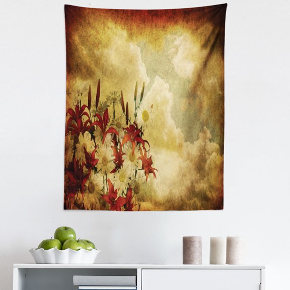 Vintage Tapestry, Double Exposure Burnt Worn Shaggy Retro Background with Flowers Clouds Design, Fabric Wall Hanging Decor for Bedroom Living Room Dorm, 5 Sizes, Tan Orange, by Ambesonne