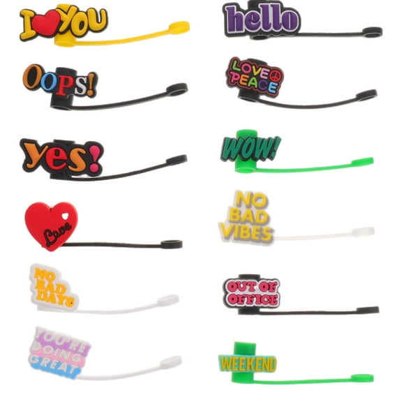 Worgeous 12pcs Drinking Straw Caps Cartoon Letter Design Straw Covers Straw End Plug
