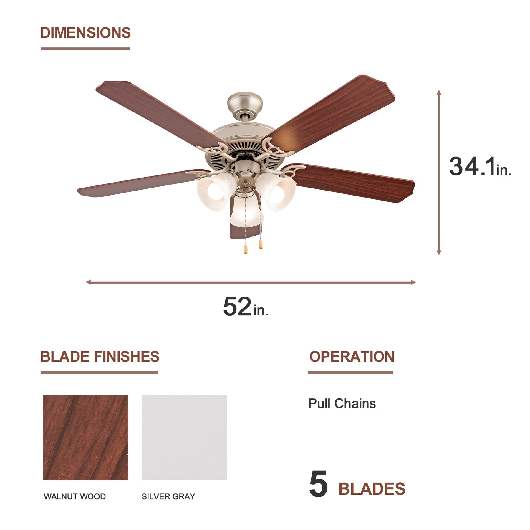 US Home Goods 52" Satin Nickel Downrod Mount Indoor Ceiling Fan with Bulb, Light Kit and Pull Chain