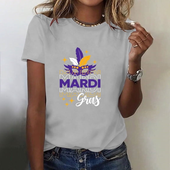 Ounisa Womens Tops Mardi Gras Sweatshirts Carnival Sweatshirt Funny Mask Graphic Short Sleeve Shirts Fat Tuesday Pullover
