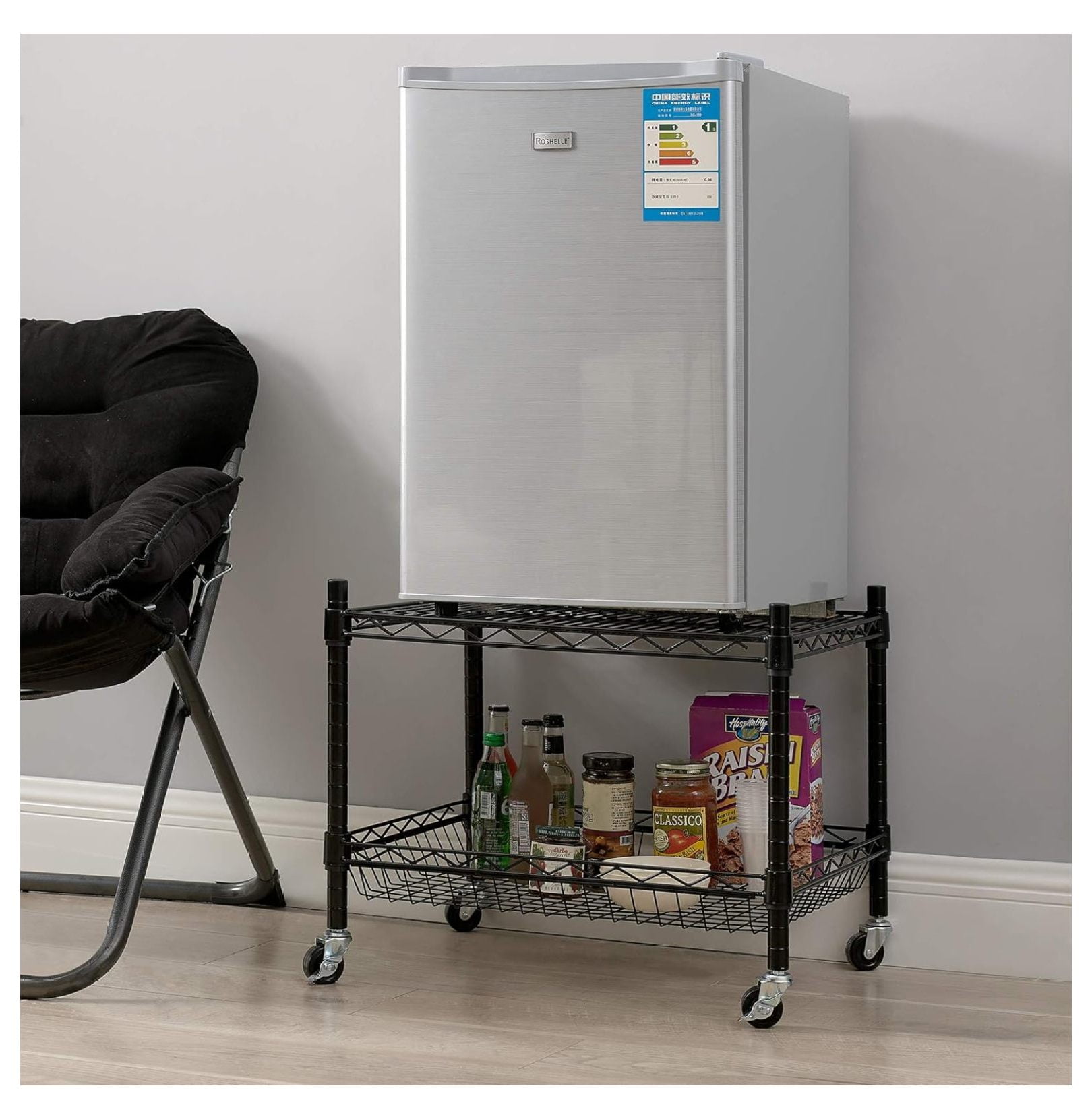Fridge Stand for Compact Refrigerators - Black Epoxy Finish - Adjustable Wire Shelving - Rolling Mini Fridge Base - Kitchen Appliance Stand - 24x18x17 Inch