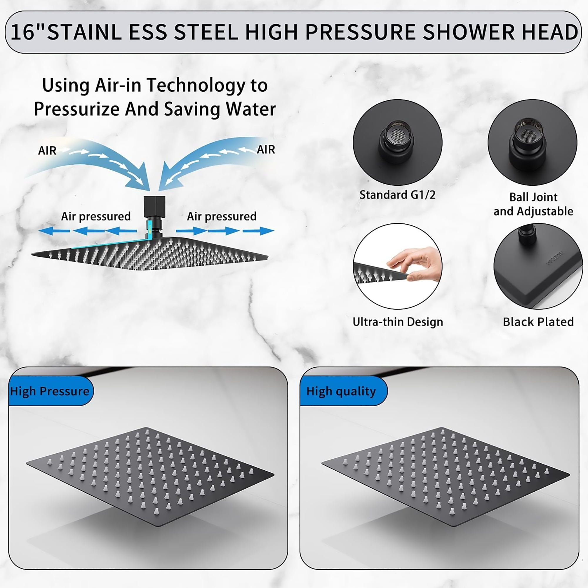 16-Inch Matte Black Rain Shower Head – High Pressure Stainless Steel, Square, Wall or Ceiling Mount