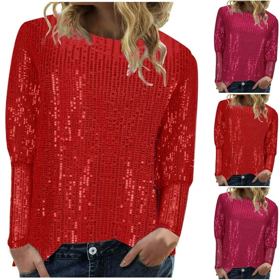 HAPIMO Women's Workout Solid Color Sequins Tops Round Neck Pullovers Casual Party Loose Shiny Shirts Vacation Fashion Long Sleeve Tees Outfits Pink L