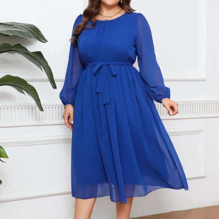 Wdfiry Women's Plus Size Midi Dress Casual Tummy Control Long Sleeve Flowy Dresses Crewneck Tie Mesh Dress, Size: 3XL, Blue