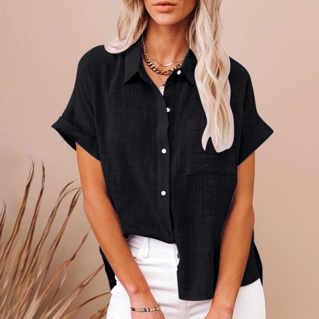 DPTALR T-shirt à Col en V et Col Rond Femme Women'S Tops Solid Button Shirt