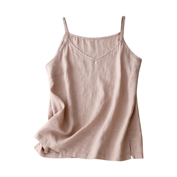 Vestidos Casuales Para Mujer, Blusas De Mujer De Moda Camisola de lino sintético de color liso con dobladillo plisado y escote en V dividido para mujer