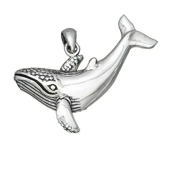 Sterling Silver 16" .8mm Box Chain Large Whale Pendant Necklace