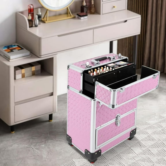 Rolling Nail Case, Wheeled Professional Makeup Trolley Makeup Luggage for Technician Artists Stylist Manicure Storage Case Polish Organizer Travelling Cosmetics Storage Luggage Box - Pink