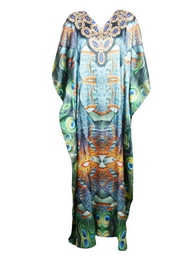 Mogul Women Boho Maxi Kaftan Dress Jewelled Print V Neck Blue Rhinestone Evening Caftan 3XL