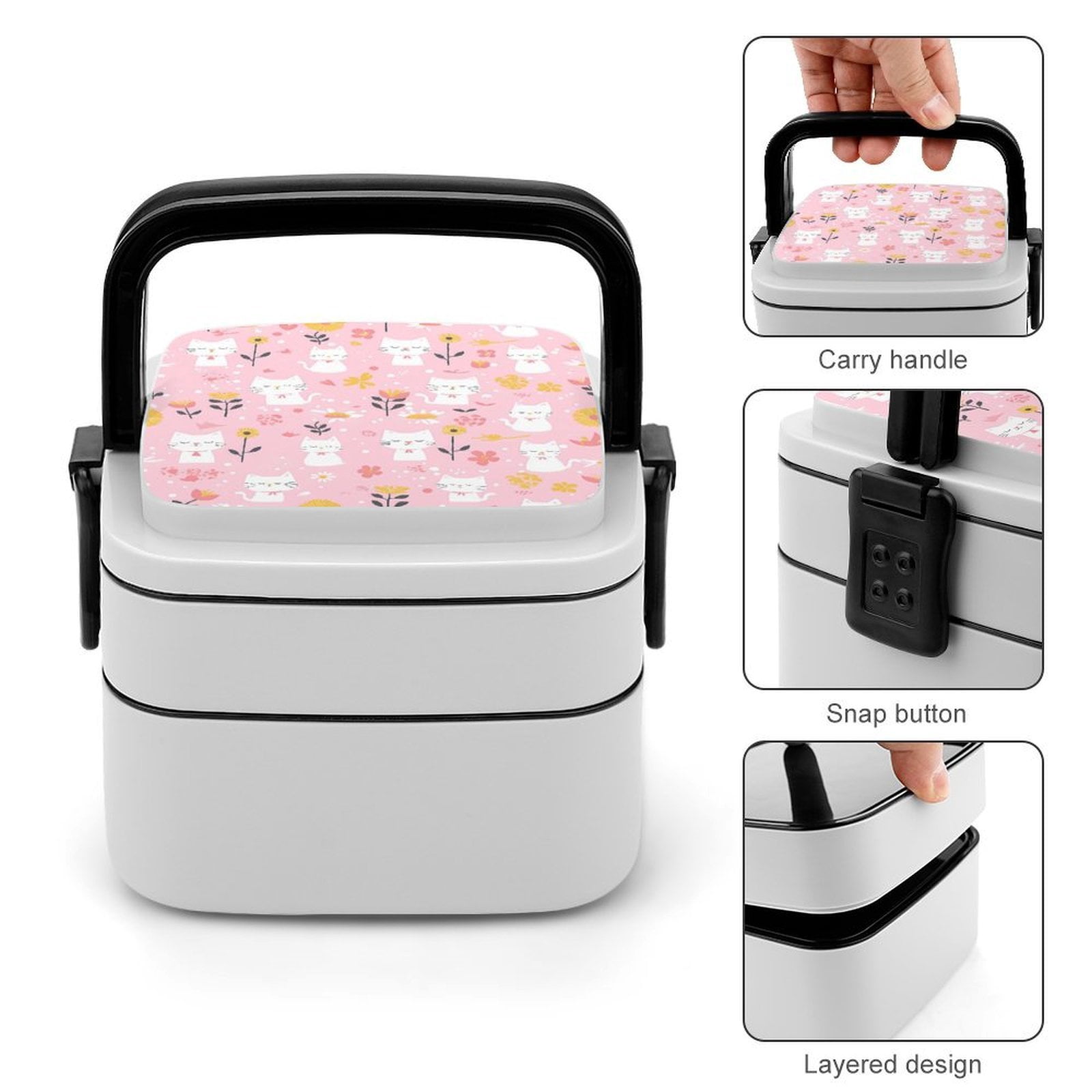 5.3×4.3in Double-Layer Bento Box Sealing Leakproof Partition Design Buckle Design Convenient Switch With Handle Cartoon Cat And Flowers