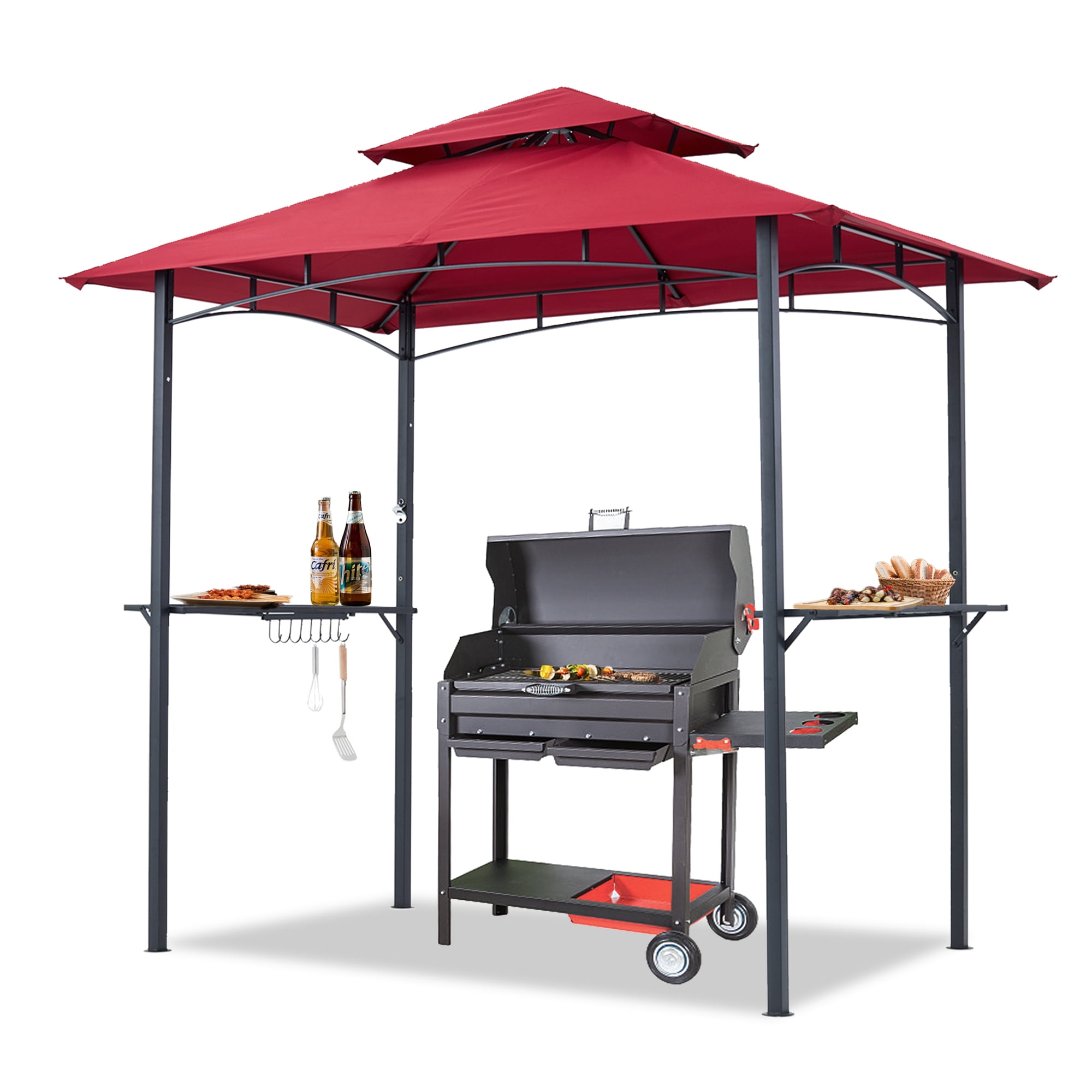 ABCCANOPY 8'x 5' Grill Gazebo Shelter, Double Tier Outdoor BBQ Gazebo Canopy with LED Light(Burgundy)