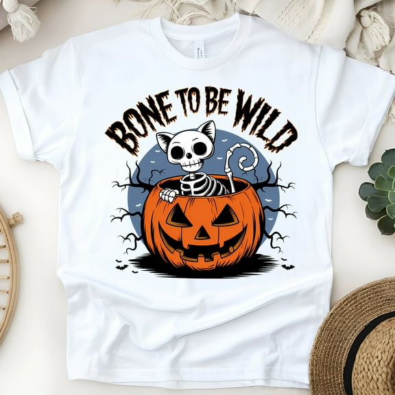 Bone to Be Wild Cat Skeleton Shirt for Adults, Funny Spooky Pumpkin Tee, White, Size S