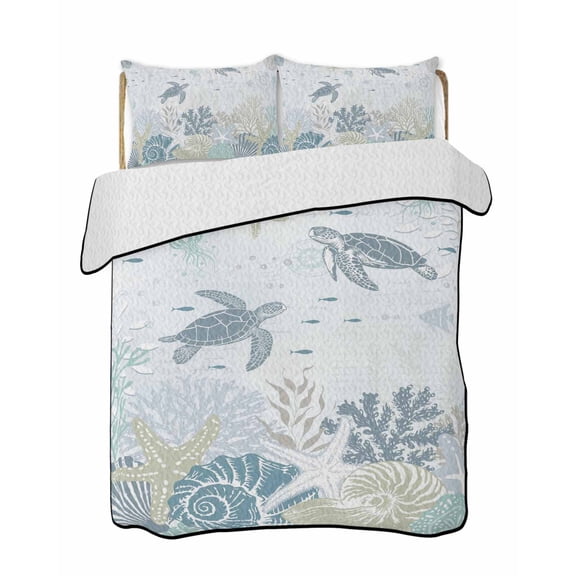 Quilt King Size Bedding Set, Sea Turtle Coastal Reversible Summer Quilt 3 Pieces, Nautical Summer Beach Starfish Coral Shell Lightweight Bedspreads Coverlets with 2 Pillow Shams for All Seasons