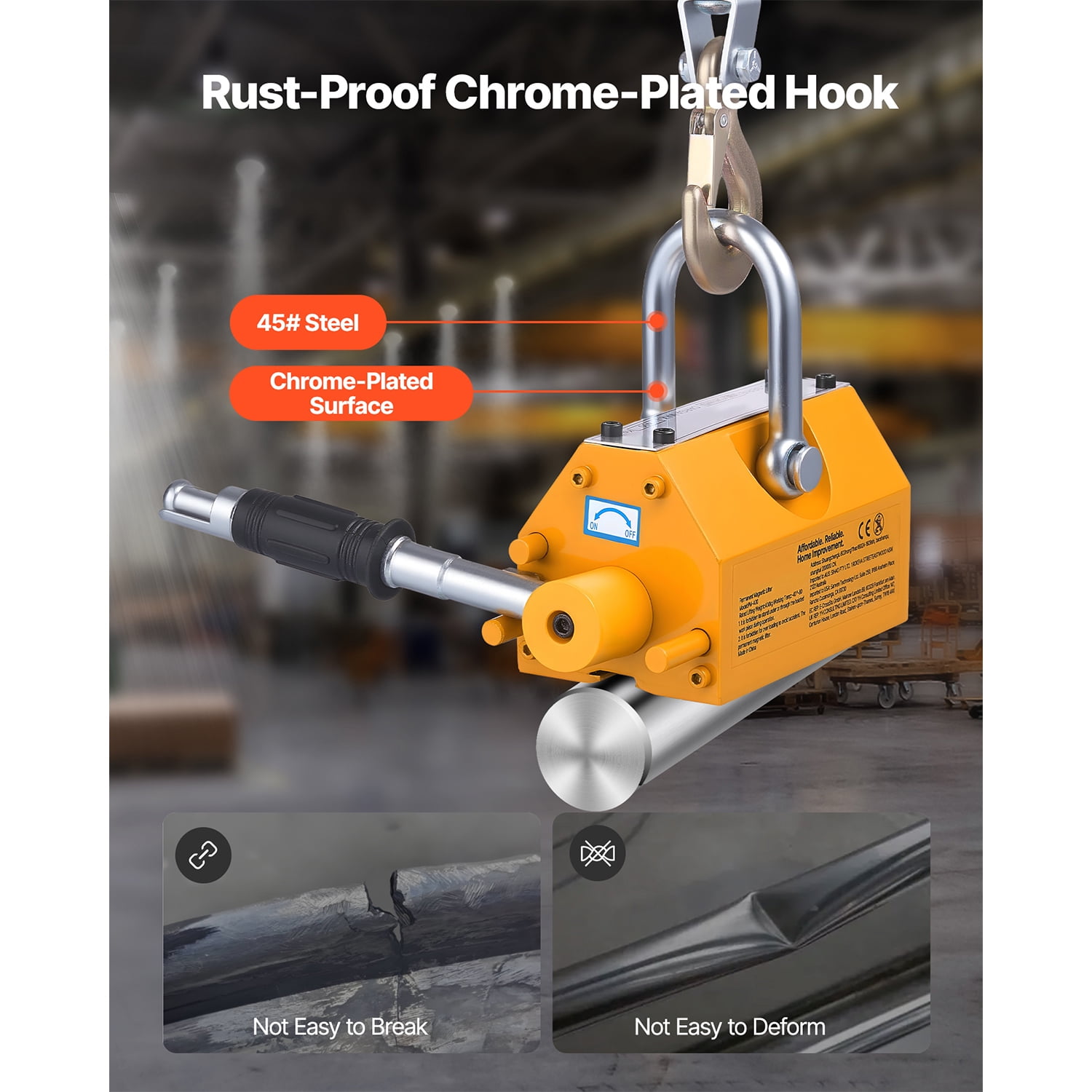 KFFKFF Permanent Magnetic Lifter with 880 lbs Load Capacity, Durable N42 Neodymium Magnet Featuring Release Handle and Steel Hook, Suitable for Crane and Hoist Applications in Lifting Steel Plates