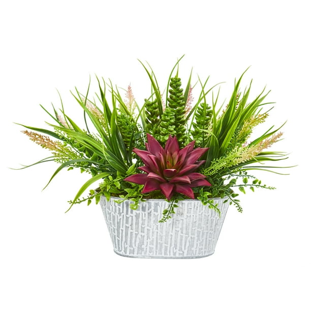 Nearly Natural 10in Succulent And Grass Artificial Plant In White Tin Planter Walmart Com Walmart Com