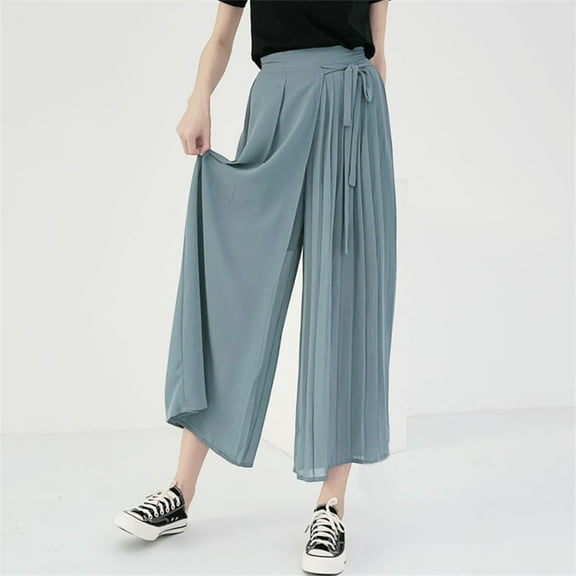 Asgosdo Boho Pants for Women Blue Oversized Casual Wide Leg Pants Chiffon Pleated Long Pants