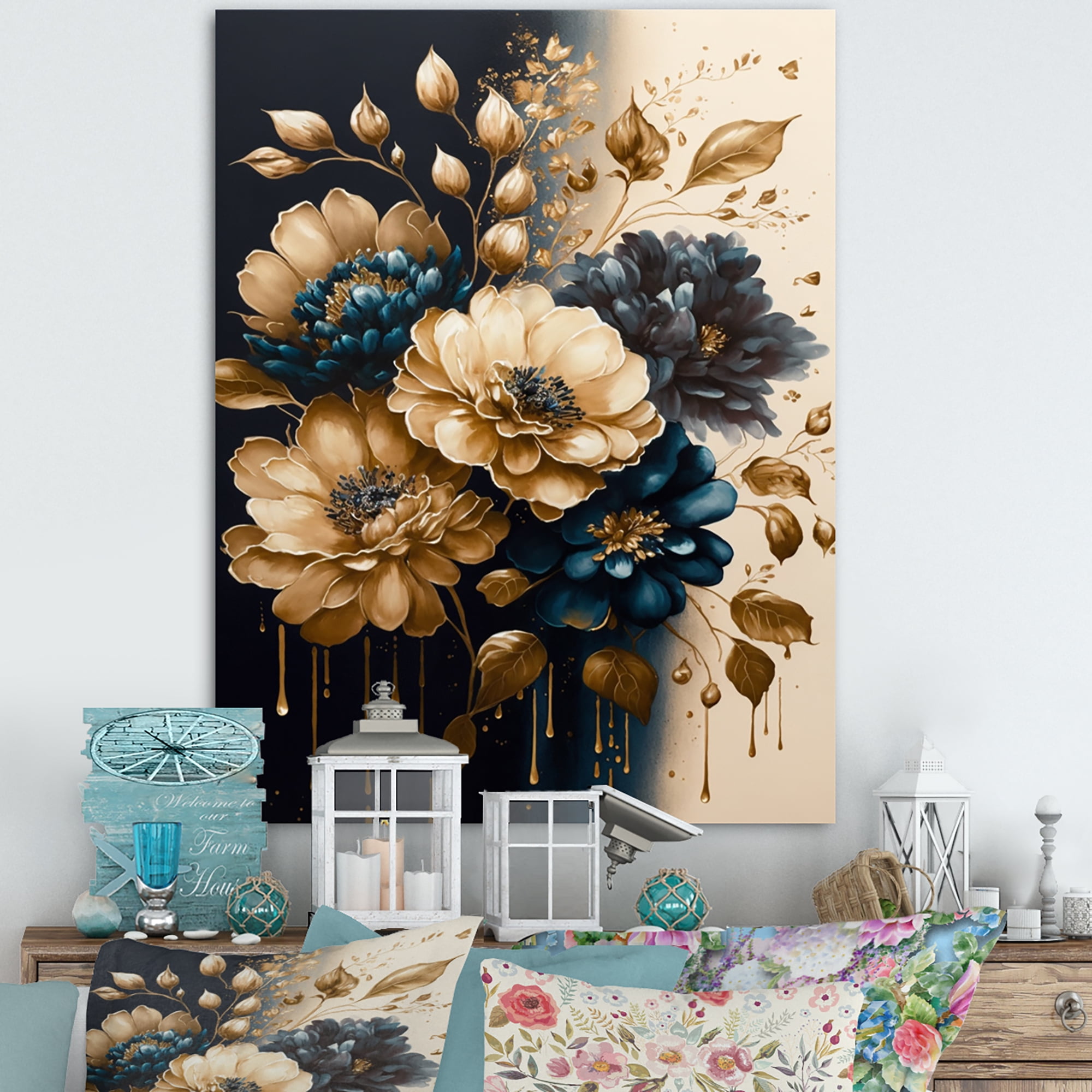 Designart Blue And Gold Zinnia Flowers IV Canvas Wall Art