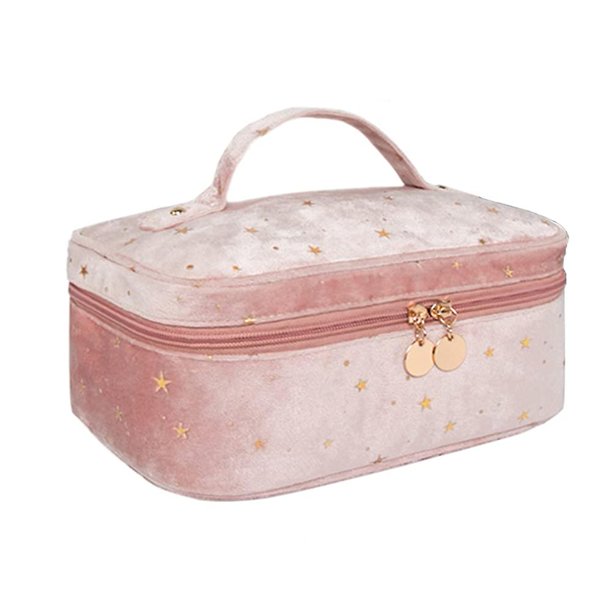 Neceser de maquillaje de terciopelo para mujer con brocha de maquillaje, bolsillo con cremallera, bolsas de cosméticos de viaje con divisor, bolsa de maquillaje estrellada, C rosa, 11 Feliz Sencillez