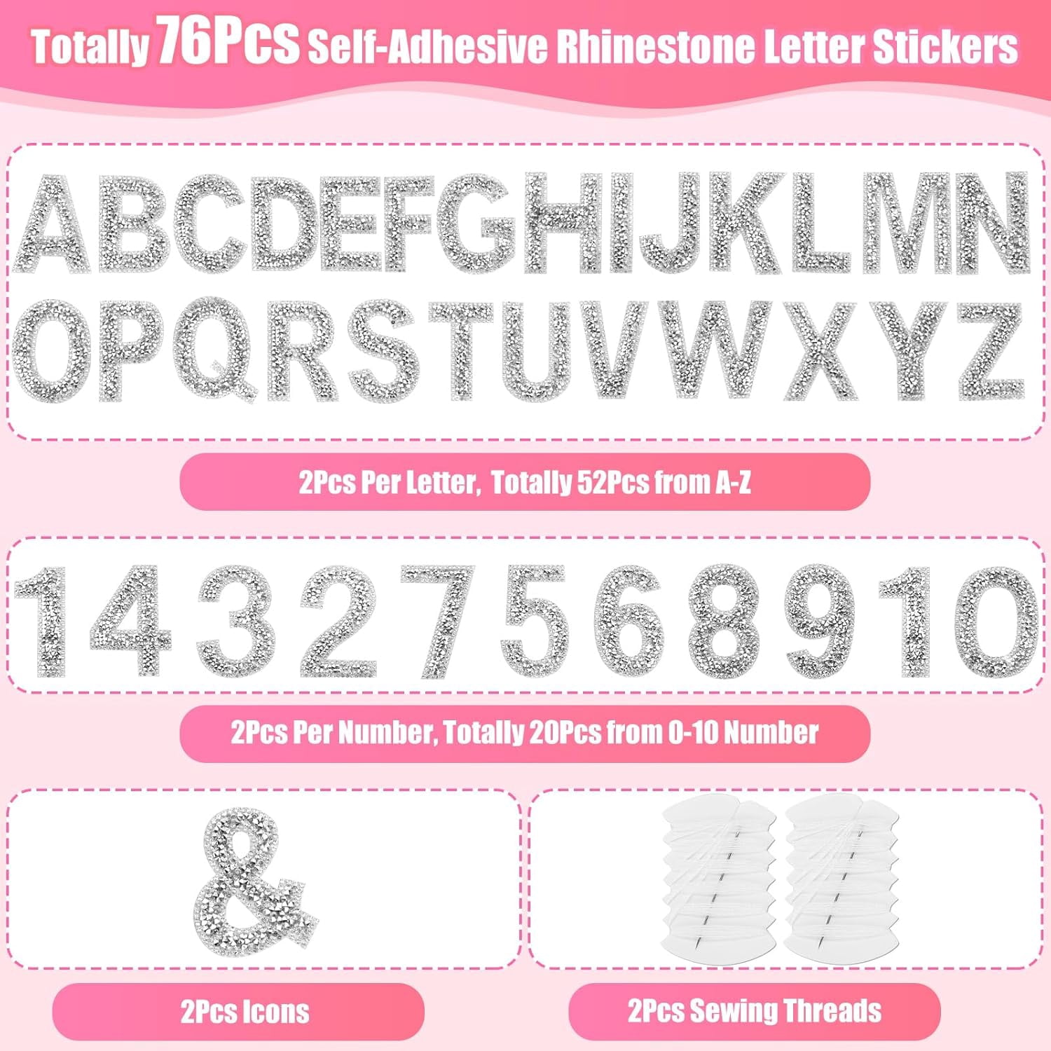 76 PCS Rhinestone Letter Stickers, 2.4 Inch Silver Glitter Alphabet Sticker with Sewing Kits, Self Adhesive A-Z & 0-9 Letter Number Stickers for DIY Arts and Crafts Decor, Clothes, Bags, Hats