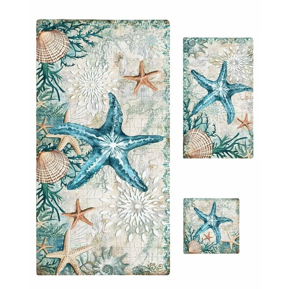 Teal Coastal Starfish Bath Towels for Bathroom Set,Luxury Microfiber Towels Gifts for Women,Beach Kitchen Hand Hair Face Towel and Dish Washcloth,Vintage Summer Beach Nautical Coral Towels Set