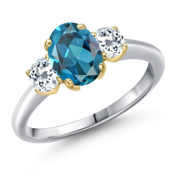 Gem Stone King 925 Silver and 10K Yellow Gold London Blue Topaz and White Topaz Engagement Ring for Women | 2.16 Cttw | Oval 8X6MM | Gemstone November Birthstone | Size 5