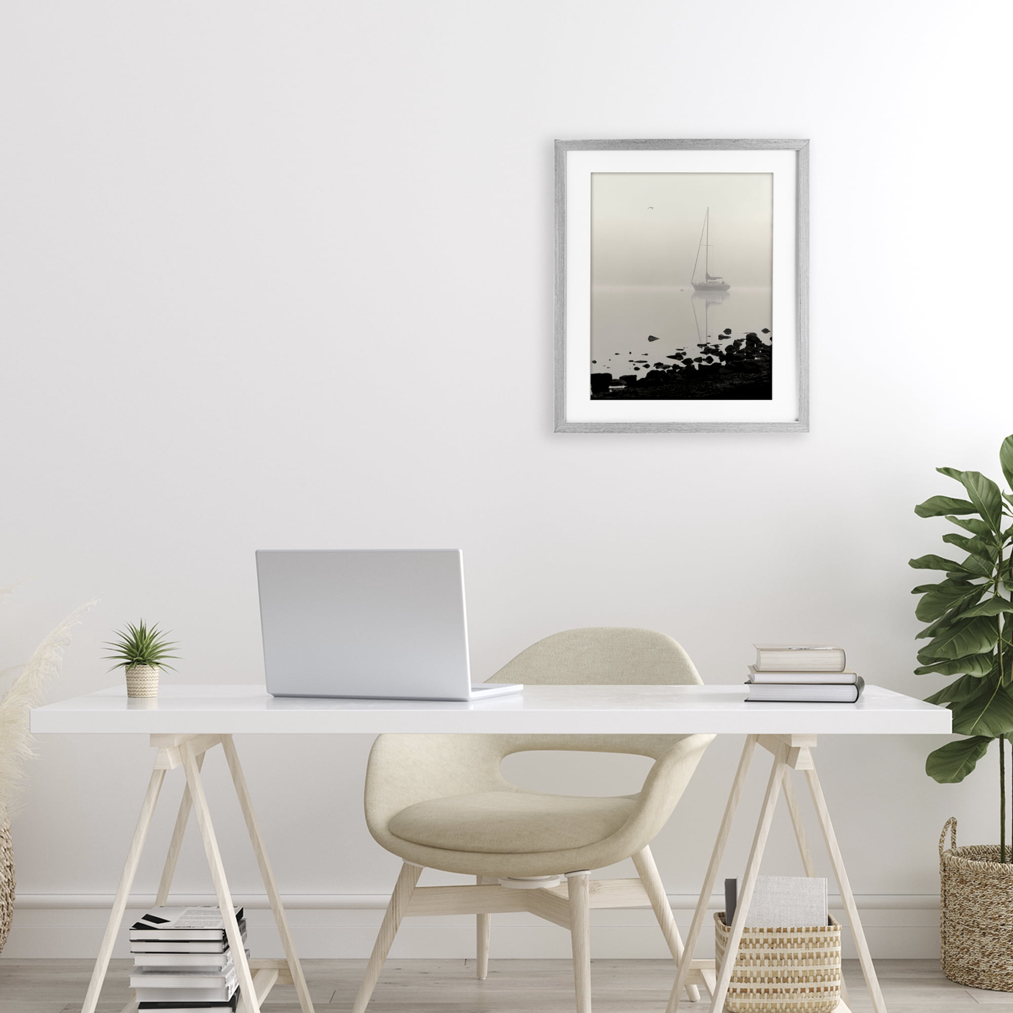 Stupell Industries Moored In Fog Gray Framed Print Under Glass, design by Nicholas Bell