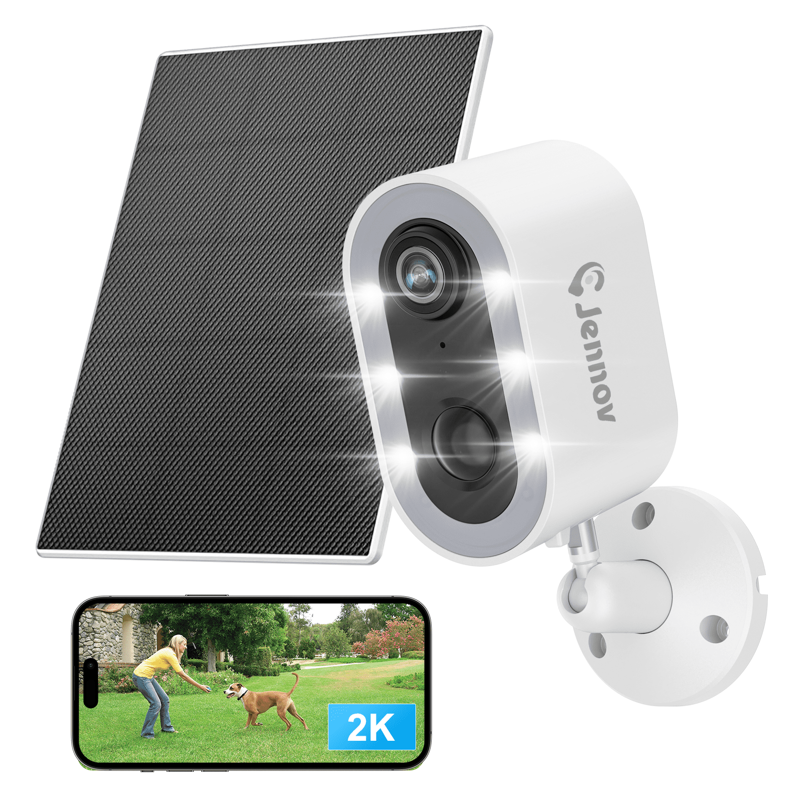 Jennov 2K Security Cameras Wireless Outdoor, 2.4G WiFi Battery Powered with Solar Panel, Motion detection, Night Vision