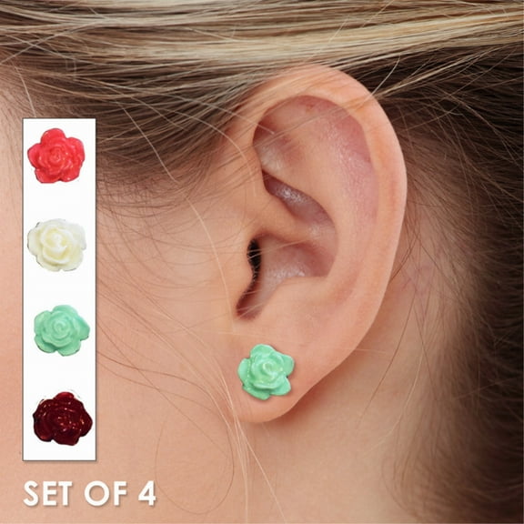 Lifebeats Bloom Multicolored Rosebud Post Earrings (4 Pairs in One Pack)