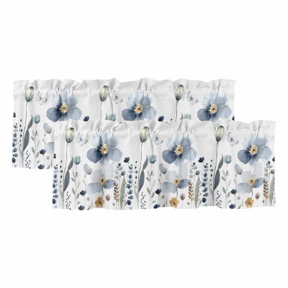 Spring Blue Floral Valances for Windows, Decorative Rod Pocket Window Valance Curtains, Country Garden Wildflowers Botanical Short Curtain Drapes for Kitchen/Living Room, 2 Panels, 42" W x 12" L