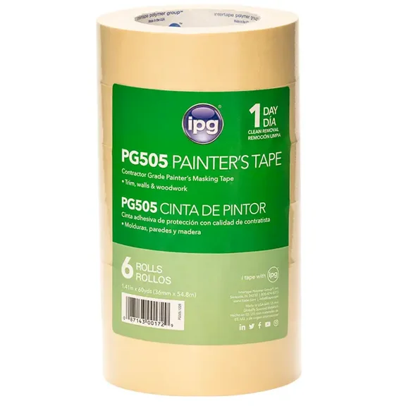 6-Rolls of 1.41" x 60 yds IPG PG505 ProMask Tan 1-Day Masking Tape, 1 Contractor Pack