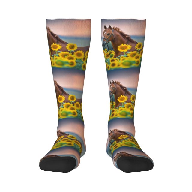 Gaeub Chaussettes Design Imprimé Tournesols de Cheval Chaussettes Hautes Extensibles pour Hommes Femmes Adolescents, Chaussettes de Softball Soccer pour Randonnée, Sport