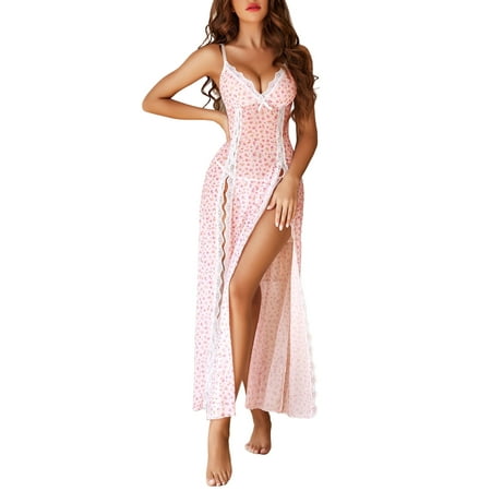 Lingerie for Women Side Split Chemise Sexy Nightdress Deep V Neck Nightwear Long Nightgown