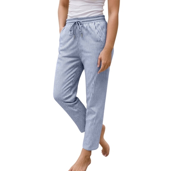 Ediodpoh Summer Elastic High Waisted Striped Linen Wide Leg Loose Womens Pants Comfortable and Breathable Blue XXL