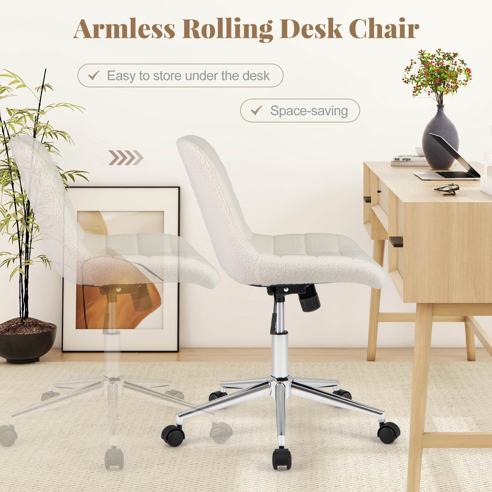 Costway Upholstered Armless Office Chair with Adjustable Height & Wheels for Small Spaces White
