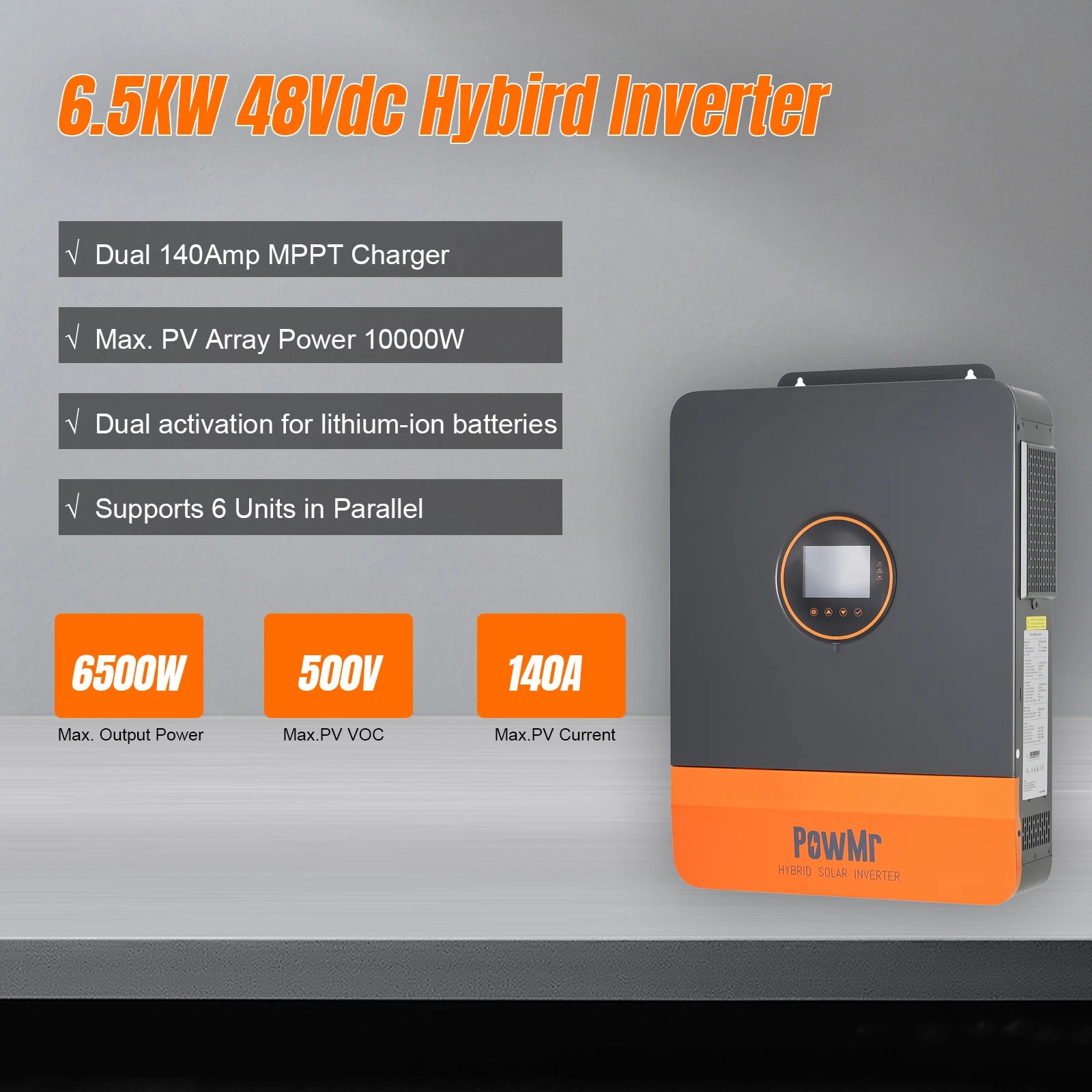 PowMr 6500W 48V Solar Inverter Hybrid Split Phase 120V/240V 140A MPPT Controller Support In Parallel for Flooded Lead-Acid Sealed Gel Lithium Battery