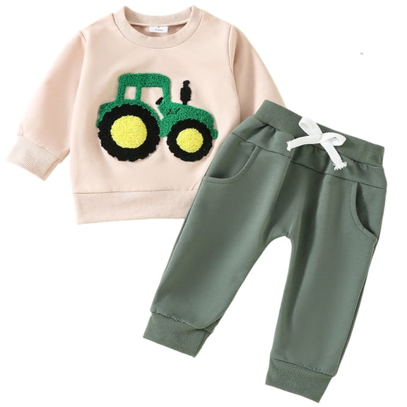 Odeerbi Infant Toddler Boys Girls Sweatsuits Sets Tractor Print Sport Sweatshirt Drawstring Elastic Waist Jogger Sweatpants 2 Piece Outfit Set