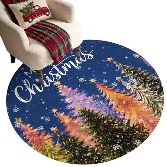 Merry Christmas Washable Round Area Rug 3 ft, Winter Green Orange Xmas Trees Navy Blue Backdop Soft Non‑Slip Rugs Stain Repellent Indoor Mats for Entryway, Bathroom, Bedside, Hallway Nook