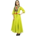 thumbnail image 2 of Bimba Flared Green Cotton Pom-Poms Kurta Classic Anarkali Dress With Scarf - 4, 2 of 4