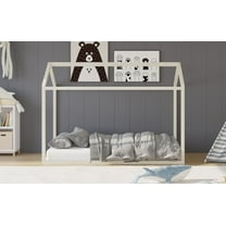Home Design Perry Twin Solid Wood Canopy Bed Frame with House-Shaped Design and Sturdy Construction, Antique White, Easy Assembly