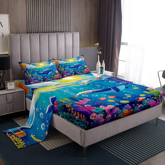 Erosebridal Cartoon Whale Sheet Set Twin,Ocean Animal Bedding Sets Twin Size,Microfiber Bed Sheets Twin,Marine Decor,3pcs