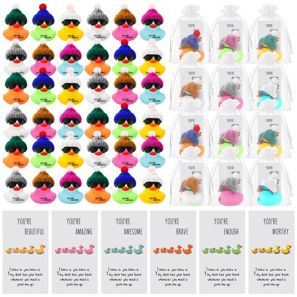 Liliful 96 Set Employee Appreciation Gift Bulk for Coworker Inspirational Mini Rubber Ducks with Glasses You are Awesome Sign You're Kind Cheer up Card Thank You Gif