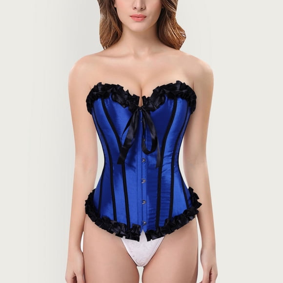 Zjloe7sa Shapers Women's Satin Contrast Color Organ Lace Shaping Top Buckle Bow Tie Court Corset Blue