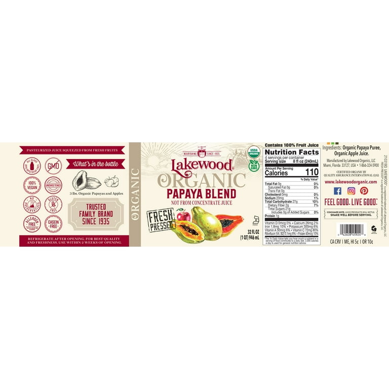 Lakewood Organic 100% Papaya Juice Blend, Not from Concentrate