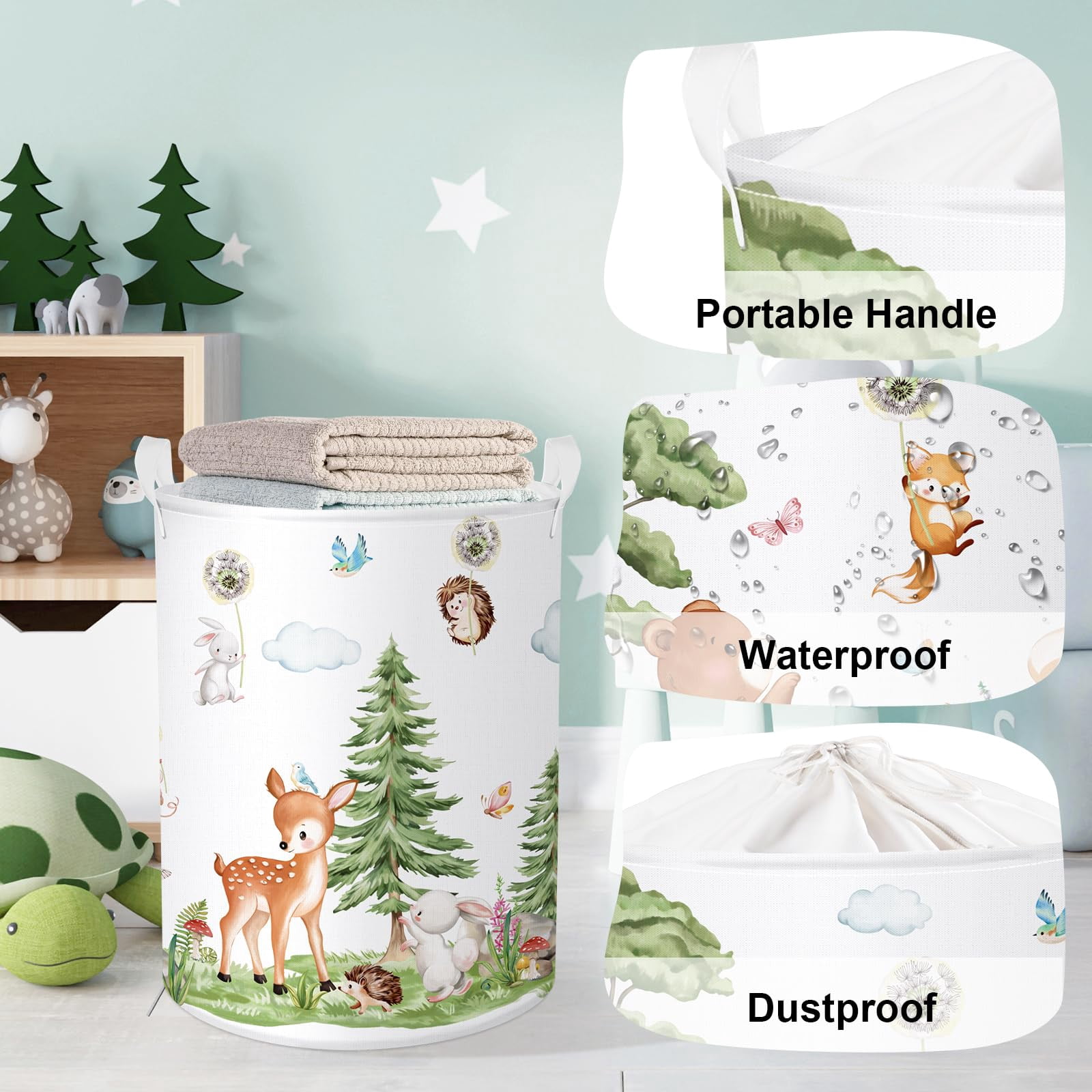 HUUMONSS Forest Animals Baby Laundry Hamper Collapsible Clothes Kids Storage Basket Bear Fox Large Boys Girls Gift Toy Box Bin for Nursery, Deer, 36L