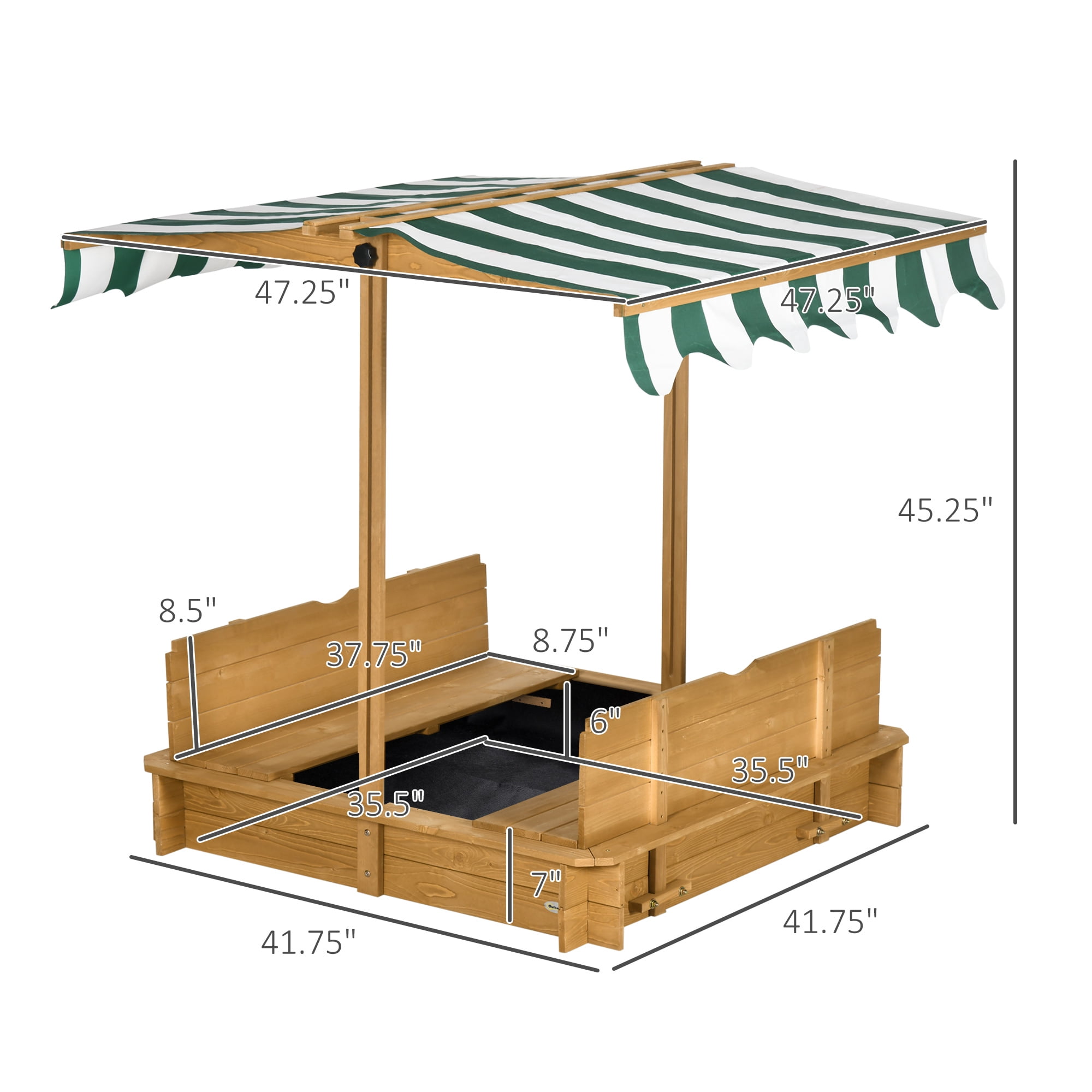 Kids Wooden Sandbox with Adjustable Canopy & Convertible Lid, Detachable Backrest Benches, Non-Woven Bottom Liner, Light Brown Fir Wood Outdoor Sand Pit, Ages 3-7